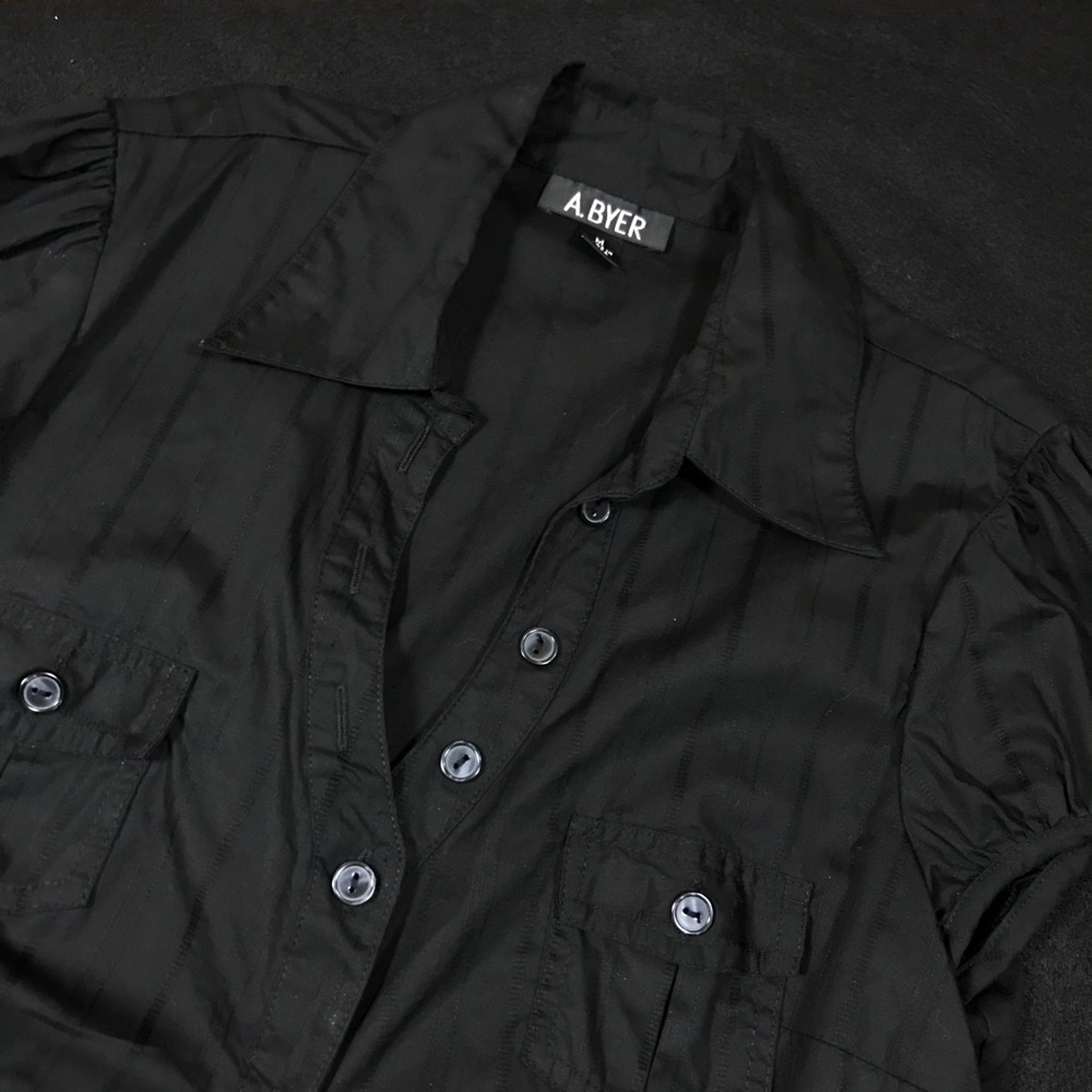 A Byer Long Black Shirt Sz M Cap Sleeve W/ button - Picture 6 of 8